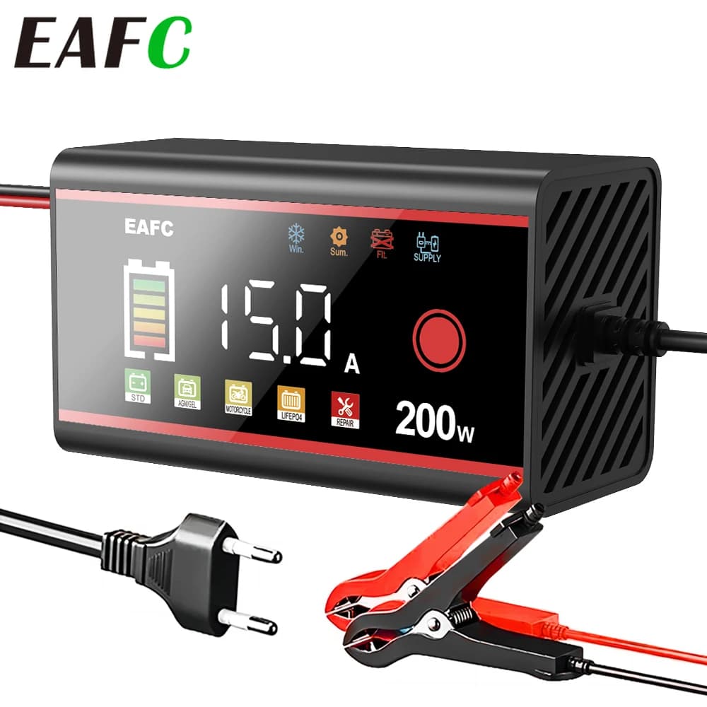 EAFC Caricabatteria per auto di grande potenza 200W 100W Caricabatteria per auto 12V/24V Riparazione a impulsi intelligenti per auto LiFePO4 AGM GEL WET Piombo acido
