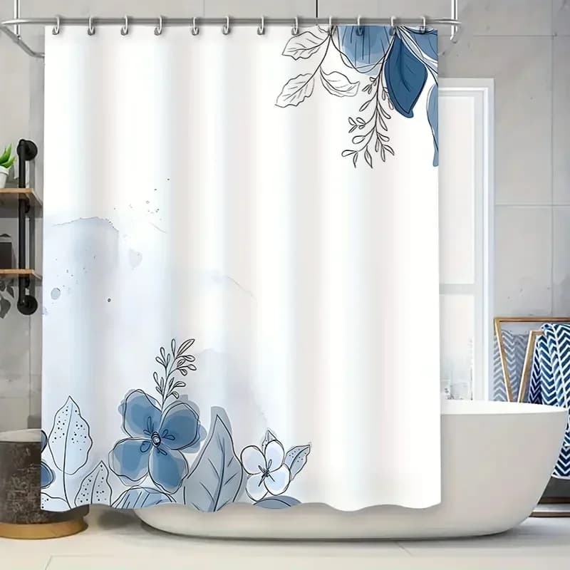 Tenda da doccia dal design floreale blu per bagno: impermeabile e resistente con gancio antiruggine, adatta per la separazione di ambienti umidi e asciutti