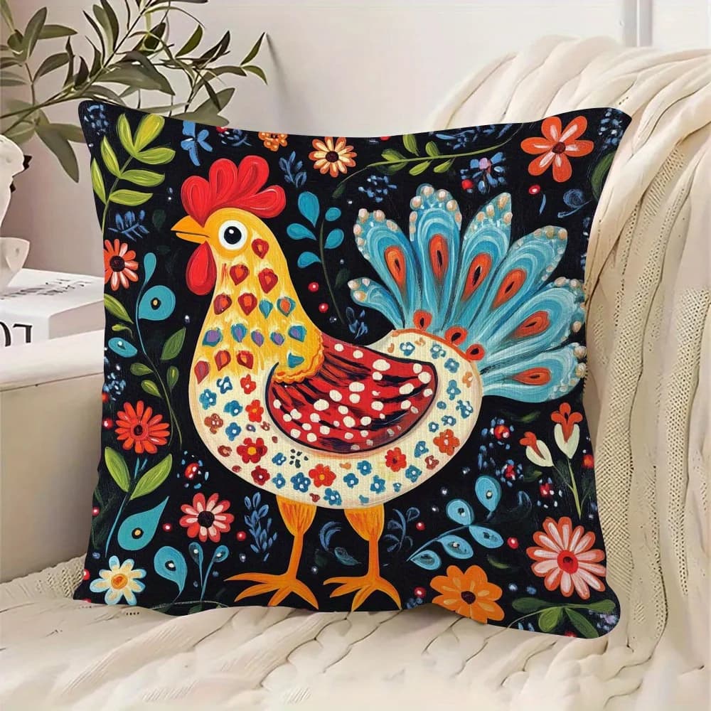 1pc Folk Art Colorful Chicken Floral Printed Throw Pillow Cover, Suitable for Sofa, Bedroom, a Unique Gift for Folk Art Lovers.
