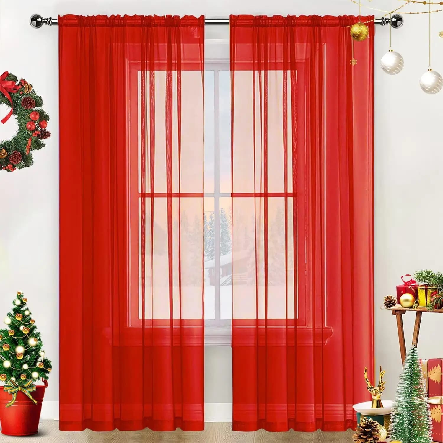 Pannelli di Tende Trasparenti in Voile con Tasca per Asta, Filtranti la Luce Solare per Cucina, Camera da Letto, Soggiorno, Rosso 52x84 Pollici