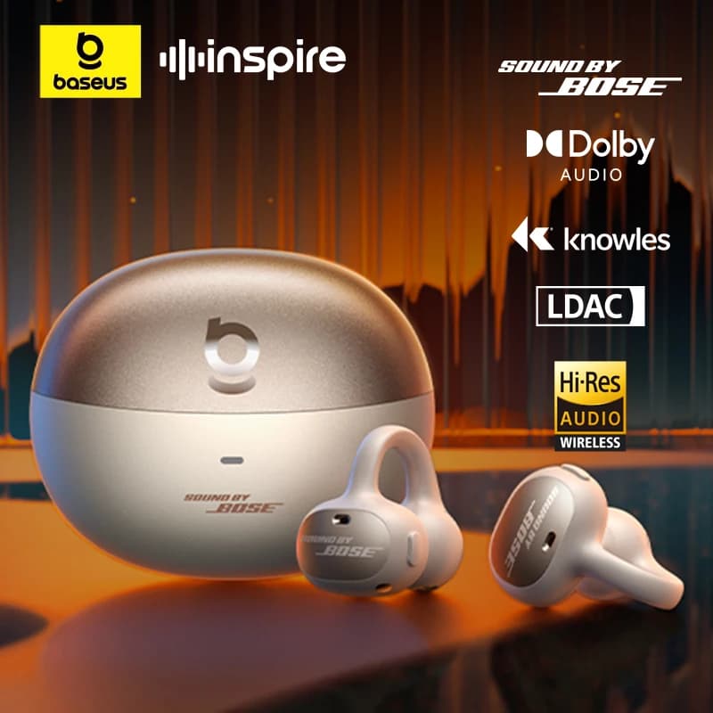 Baseus Inspire XC1 Ear Clip Auricolari wireless Bluetooth 6.1 Auricolari aperti ad alta risoluzione Orecchini 4 microfoni Clip su auricolari Suono di Bose