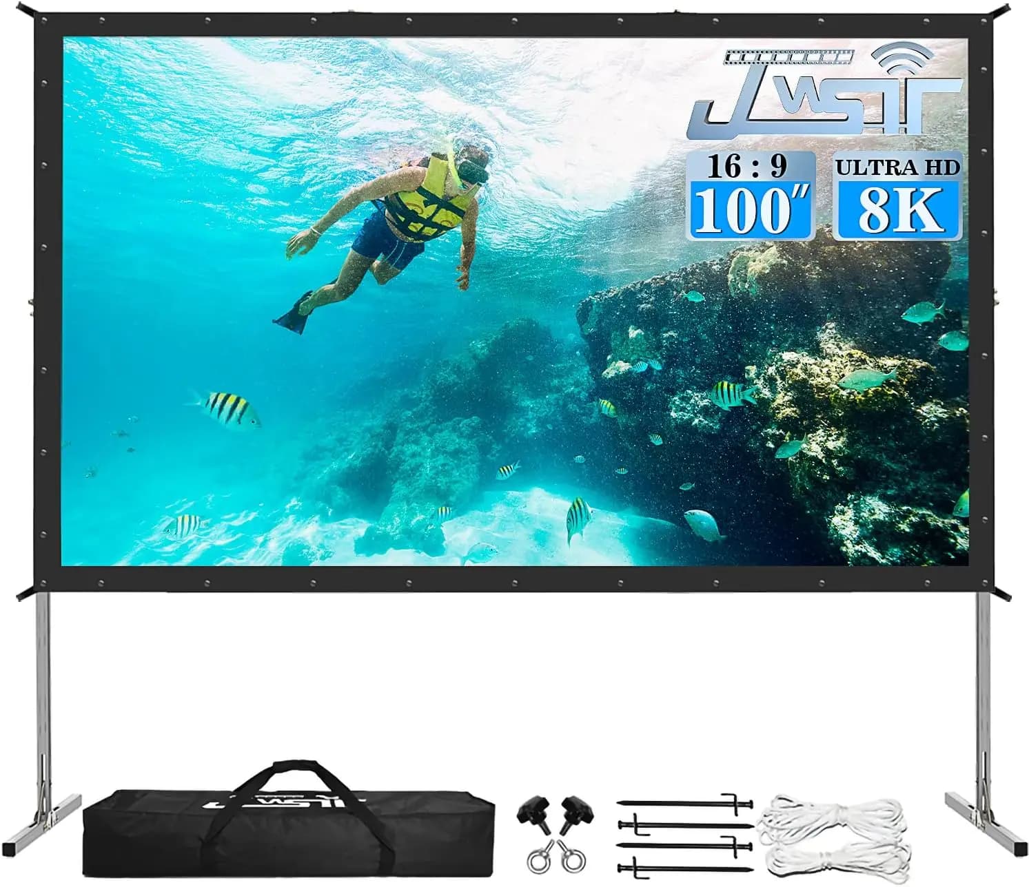 Schermo per Proiettore Portatile da 100 Pollici con Supporto, PVC a 3 Strati per Home Theater e Film all'Aperto