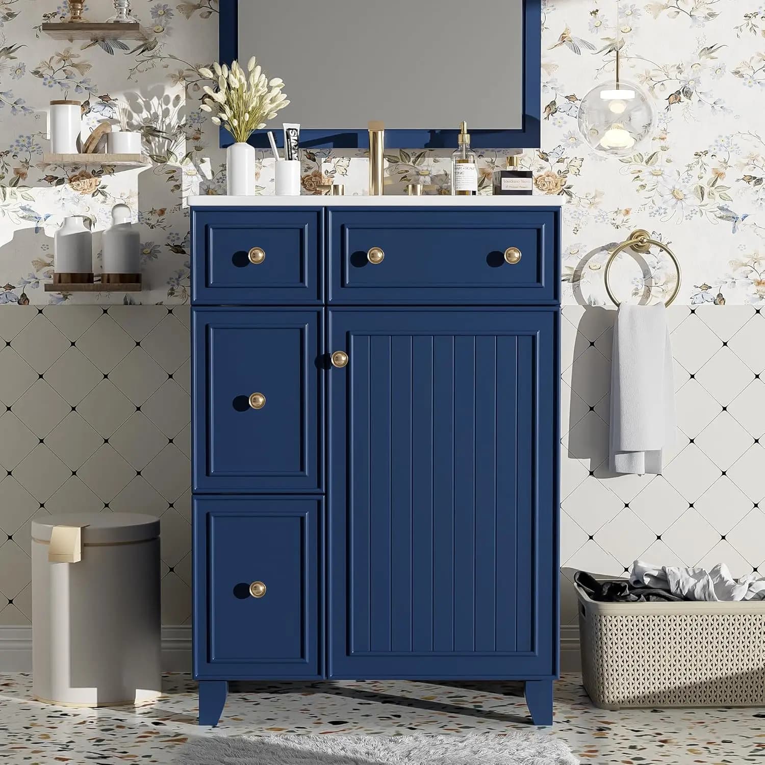 Mobile bagno moderno freestanding con lavabo, maniglie oro, 24 pollici, 2 cassetti, 1 anta, blu personalizzabile