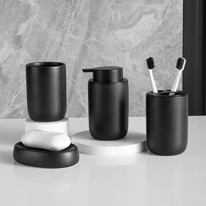 Bottiglia di lozione da bagno in ceramica nordica pressa bottiglia di disinfettante per le mani tazza di collutorio portaspazzolino Dispenser di sapone liquido nero