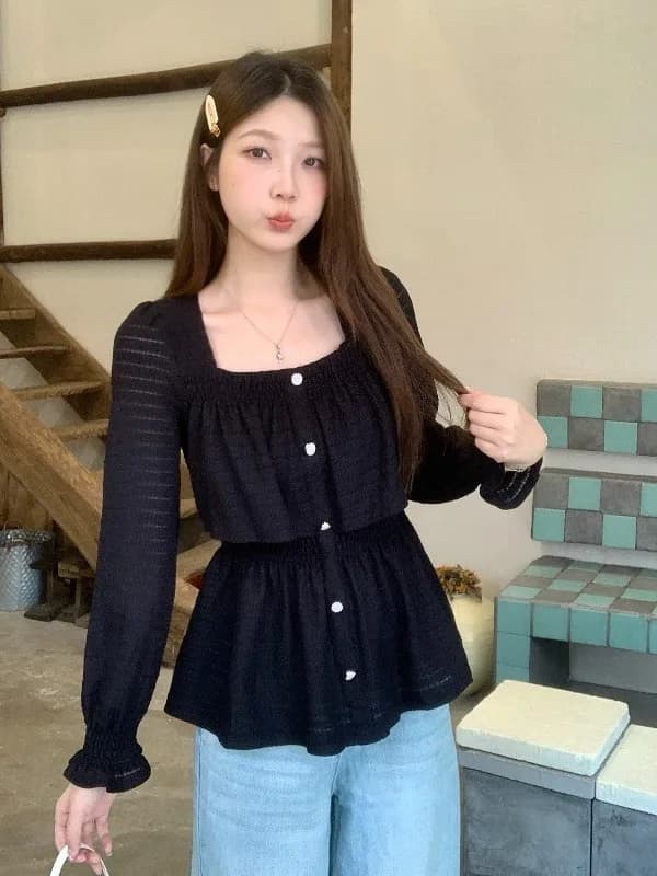 Elegant Black Long Sleeve Puffy Doll Shirt Women's Fashion Korean Style Square Collar plus Size Fitted Waist Casual Top