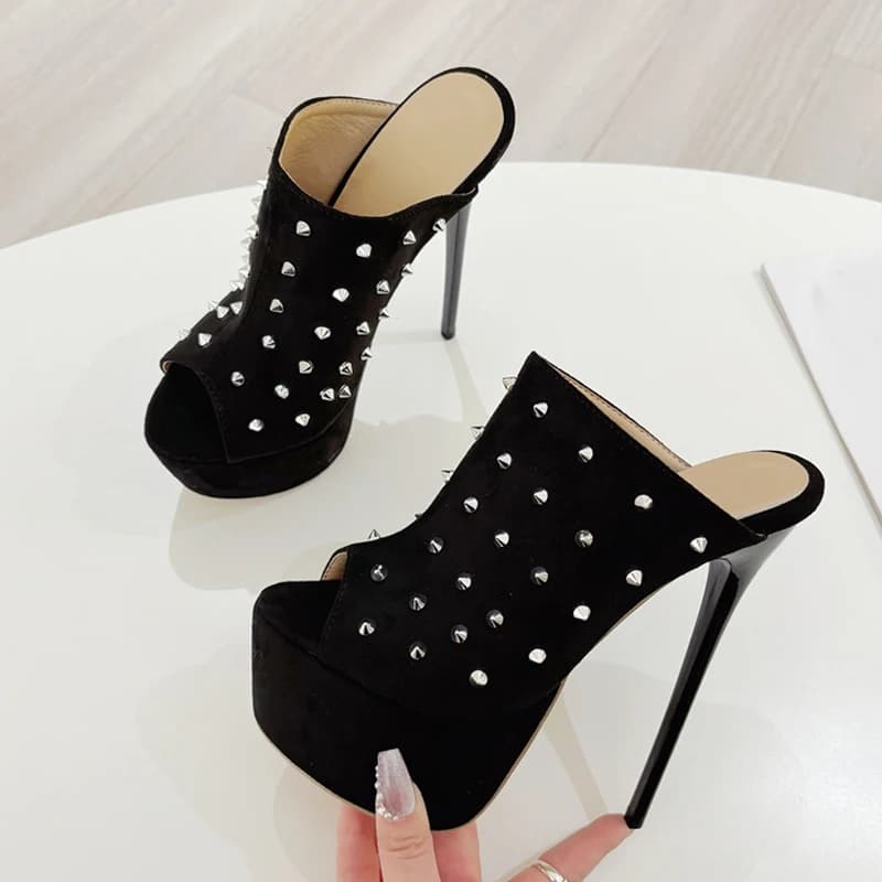 Liyke Runway Donna Sexy 16CM Pantofole a spillo Rivetti in metallo Design Sandalo Piattaforma estiva Tacchi alti Party Stripper Scarpe Nero