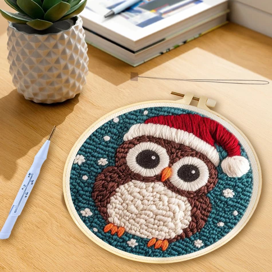 DIY Punch Needle Embroidery Kits for Beginners Cute Christmas Owl Yarns and Sewing Needles with Tool for Home Decor
