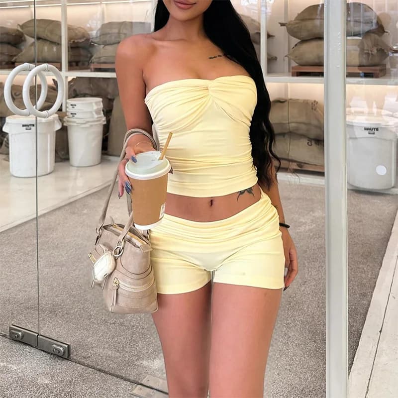 2026 Summer Women Y2K Casual Daily Solid Yellow Twist Front Strapless Ruched Crop Tube Top And High Waist Shorts Tank Top Sets