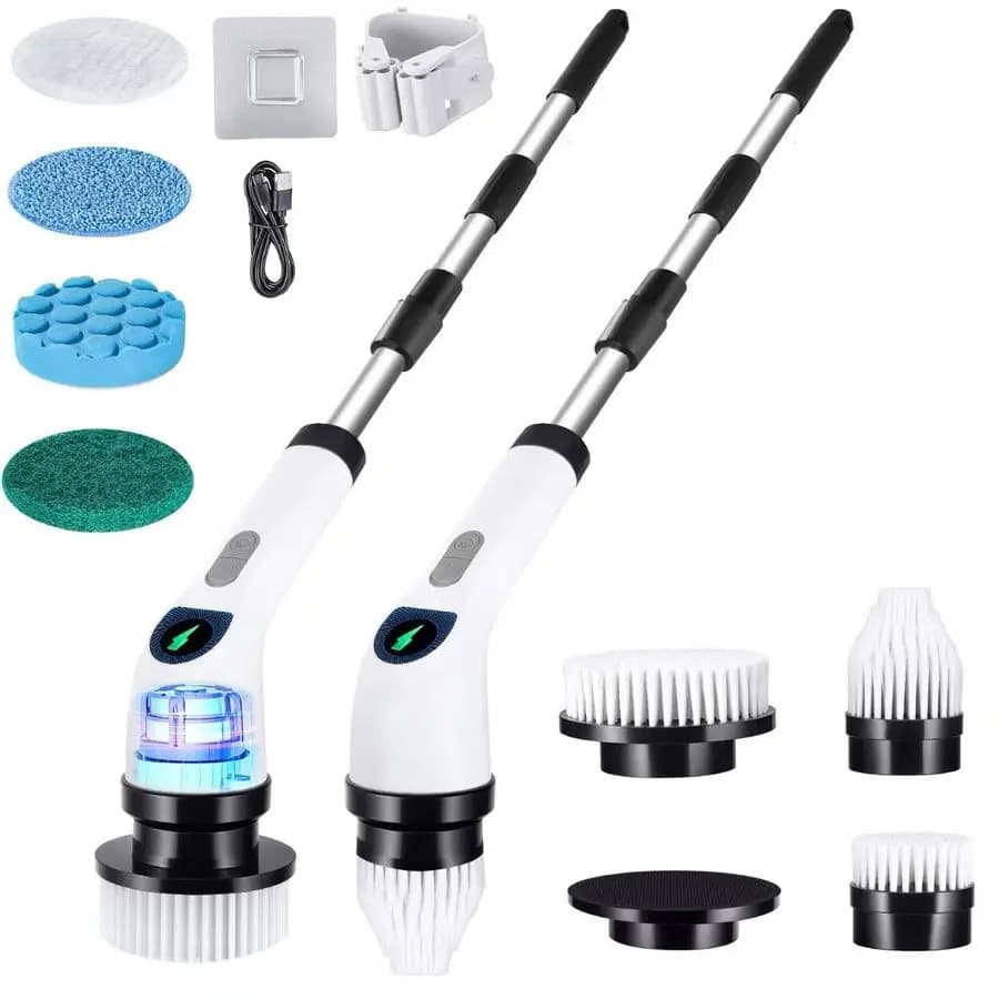 Rotating brush for cleaning, adjustable shower brush with 7 replaceable heads and LED display, 2 speed, waterproof, wireless.
