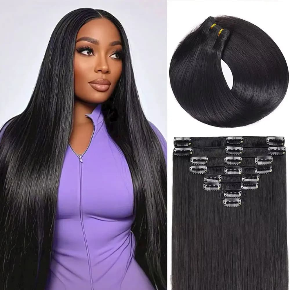 Extension for hair with clip, 100% real human hair, extension for Brazilian Remy hair for woman, natural black 1B, 8 pieces for set