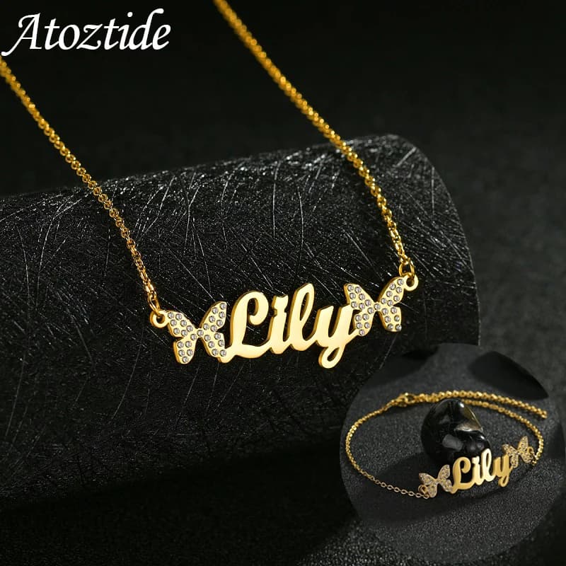 Atoztide Customized Jewelry Set Necklaces Zircon Stone Bracelets Stainless Steel Name Butterfly Chain for Women Party Gift