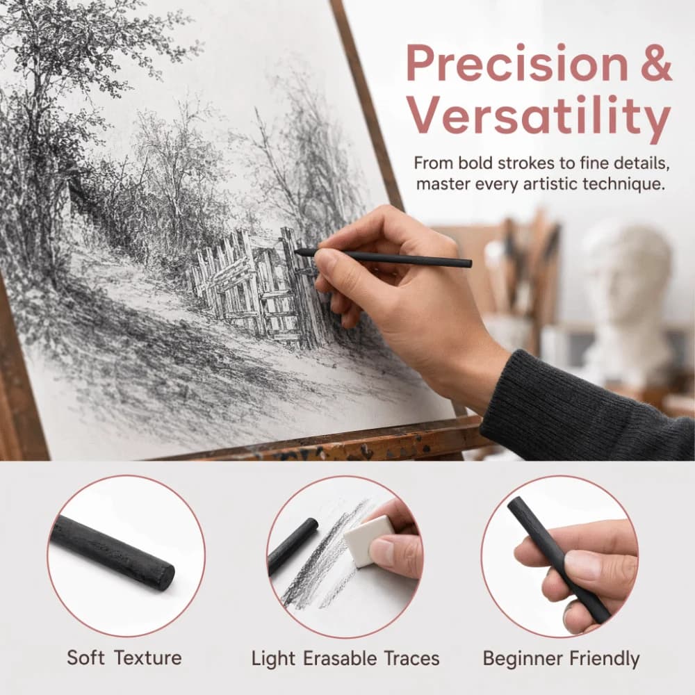 20PCS Bucket Packed Charcoal Sticks Soft Textured Rods Smudge Friendly Effect Art Drawing Carbon Sticks Smooth Mark