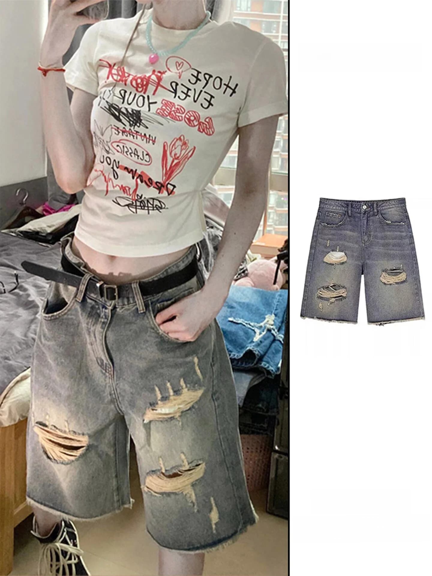 American High Street Style Women's Ripped Denim Shorts High Waist Straight Leg Wide Leg Pants Five-Point Summer New Arrivals