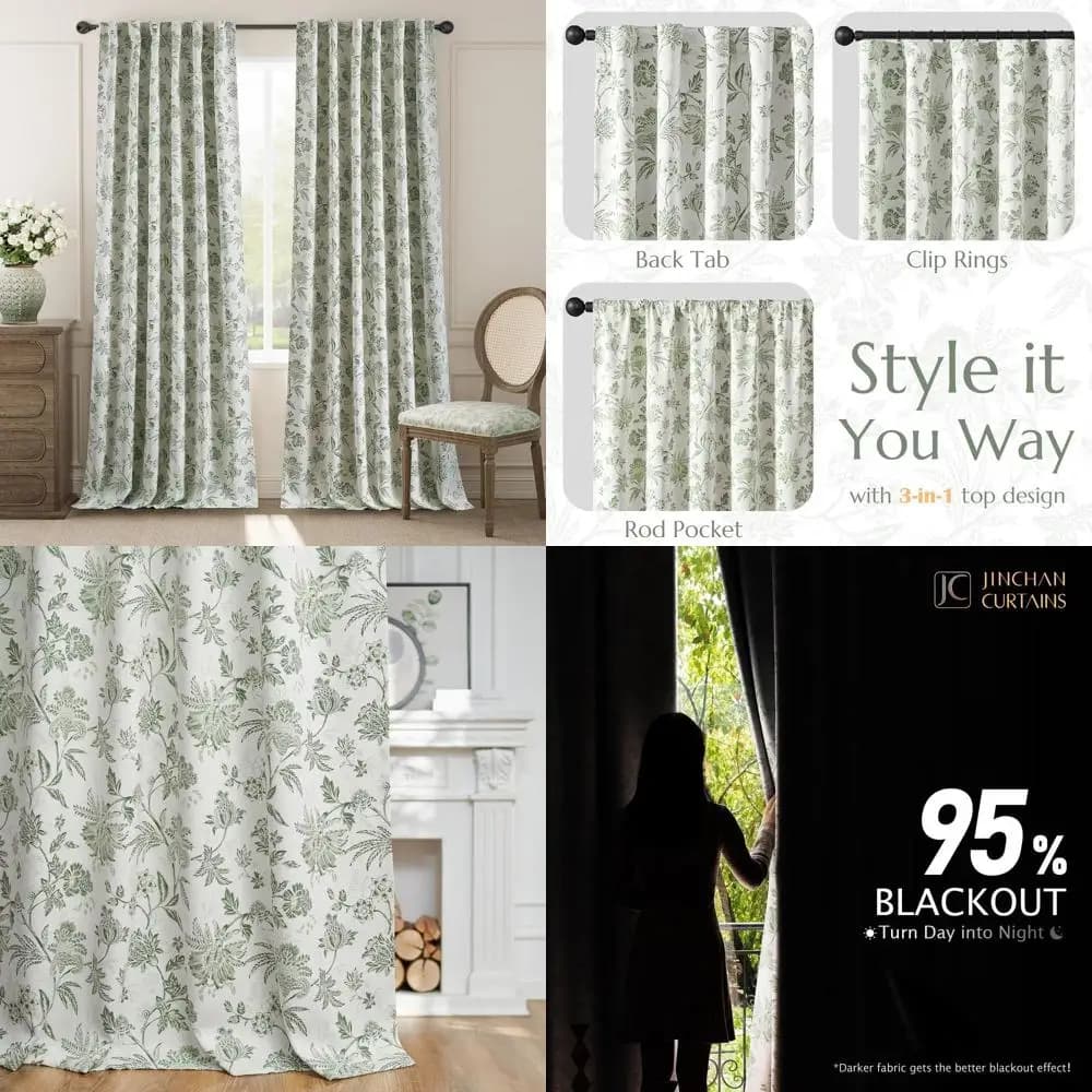 Flower blinds green sage, 108 long, set of 2 panels, farm style, top with extra long tab