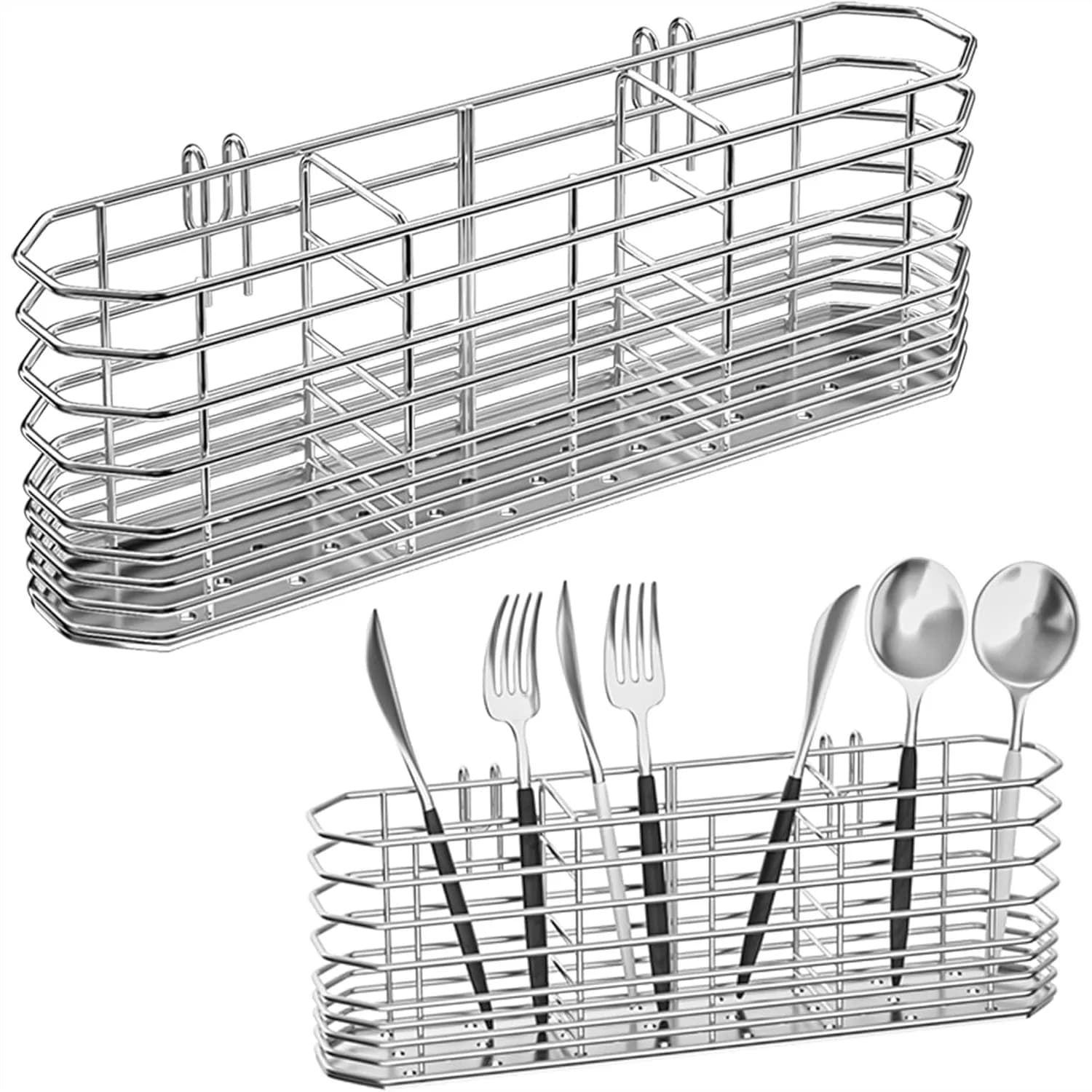 Portautensili in Acciaio Inox 304 con Ganci, Scolapiatti per Organizzazione Cucina, Cestello Drenante per Coltelli e Forchette, Antiruggine