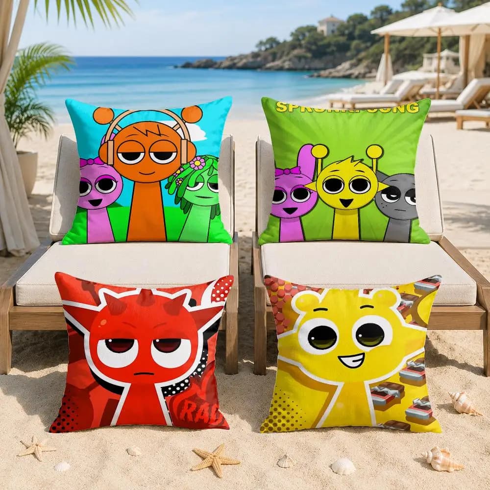 S-Sprunki Anime Cute Cushion Cover Silky Short Plush Invisible Zipper Dustproof Sofa Pillow Case For Home Decor