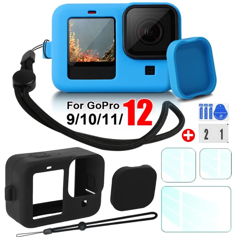 Per GoPro Hero 12 11 10 9 Custodia protettiva in silicone Cordino HD Protezione schermo in vetro temperato Copriobiettivo per GoPro12 Nero
