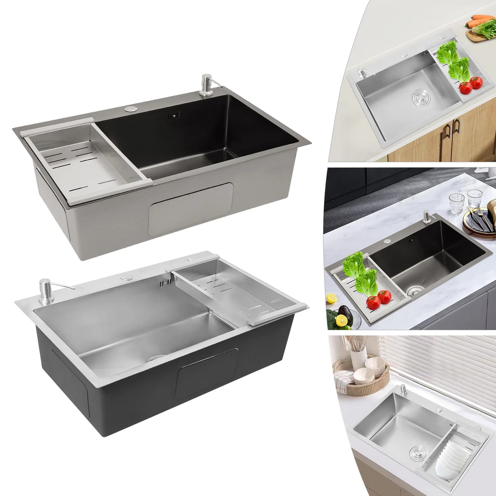 Lavello da Cucina Rettangolare in Acciaio Inossidabile, Lavello Resistente alla Corrosione con Dispenser di Sapone, Cestello di Drenaggio, Costruzione Durevole
