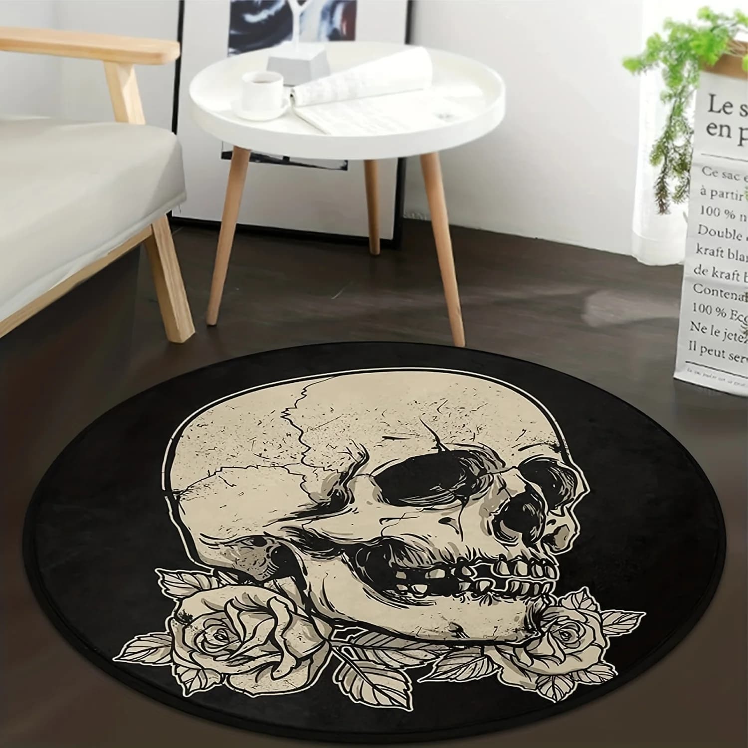 VIKAMA Skull Rose Black Round Carpet Washable Floor Mat Rug For Bedroom Bedside Floor Mat Carpet For Living Room Doormat