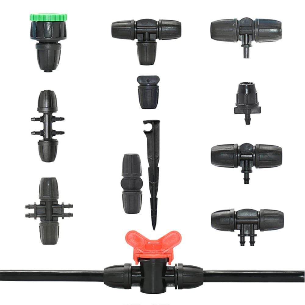4 fittings for pipe 8/11 x 4/7 mm, connector reducer to barb 3/8 x 1/4 with locking nut, water decoiler, T connection, elbow, terminal plug for tube