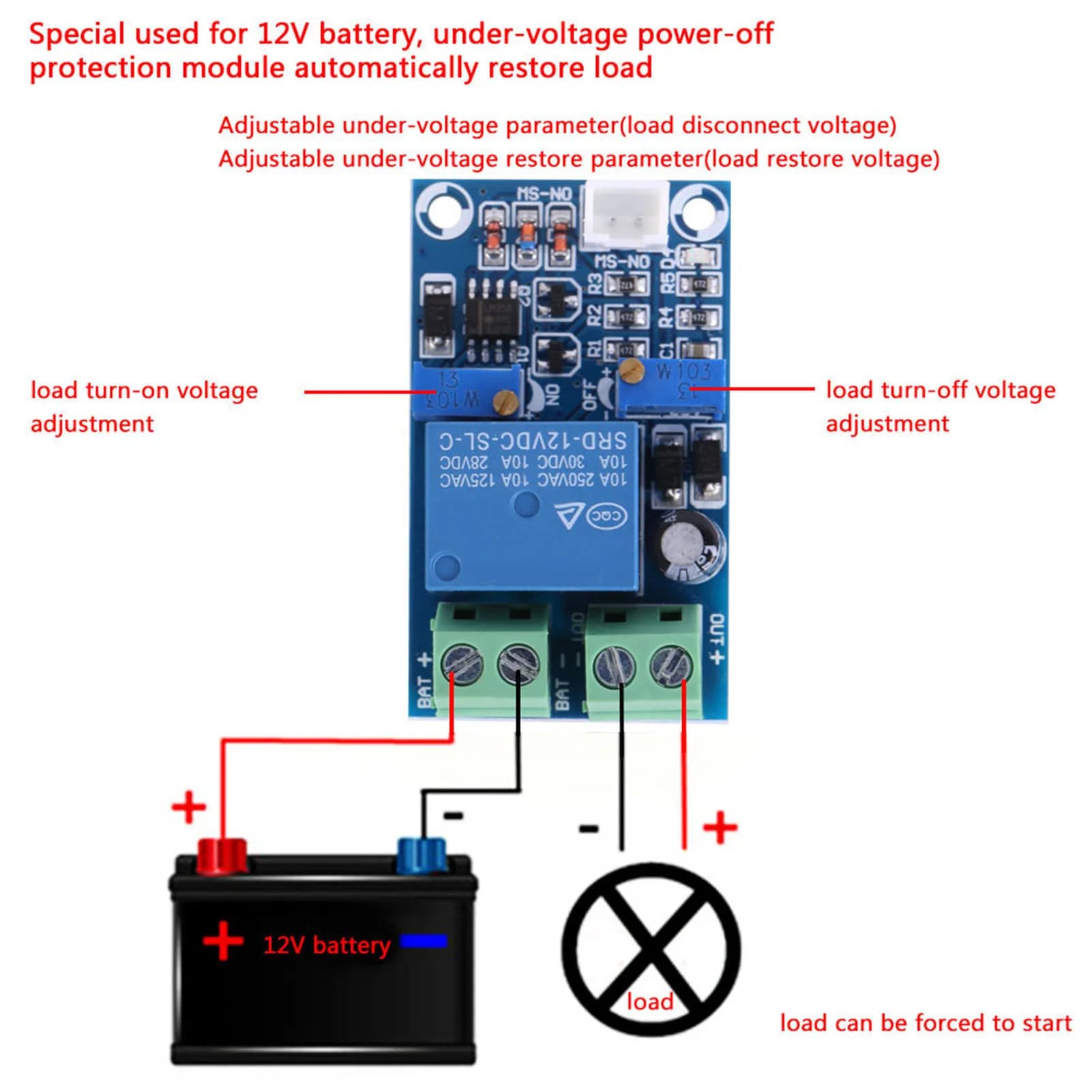 12 V battery, low voltage, automatic cut on recovery module, subtension card, subtension