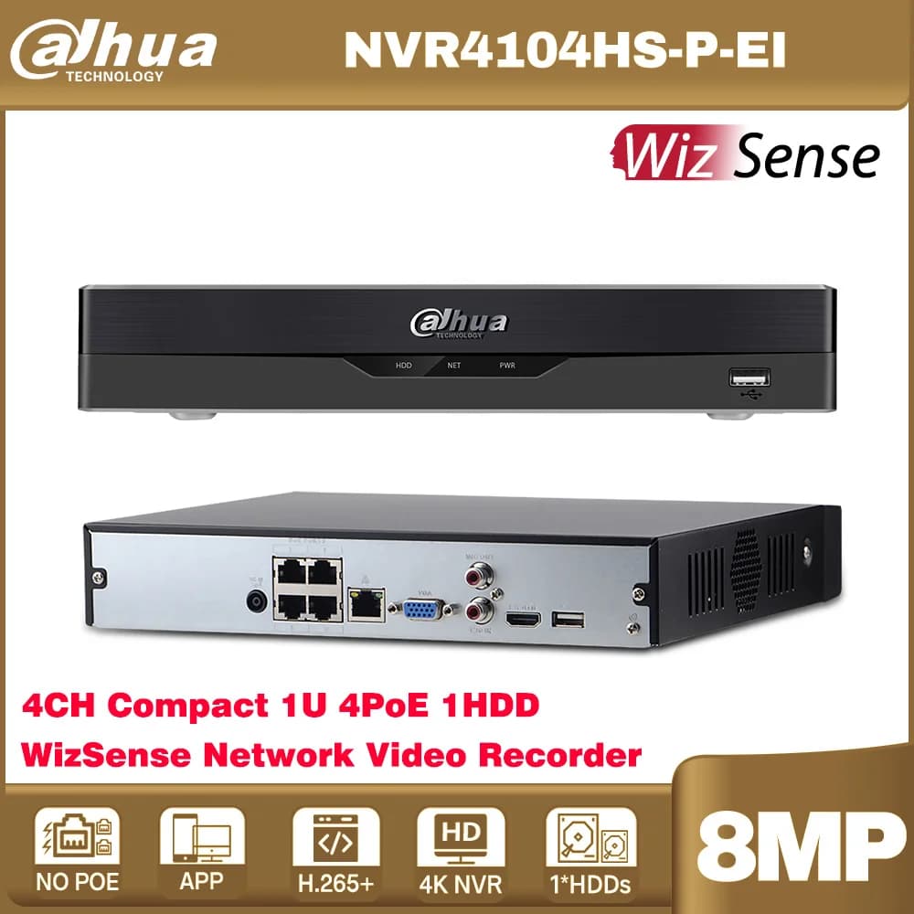 Dahua NVR4104HS-P-EI 4CH Compact 1U 4PoE 1HDD WizSense Videoregistratore di rete AI da NVR Face Detect SMD Plus