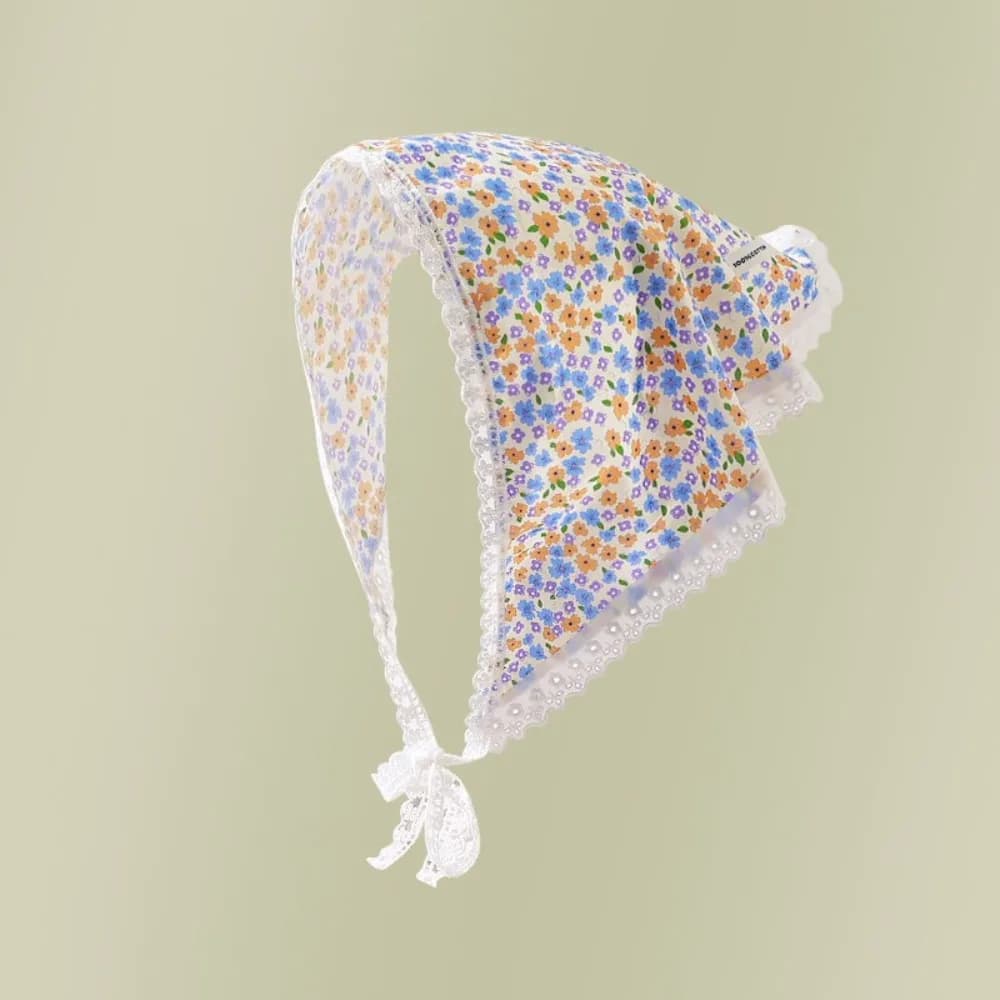 Foulard in Cotone Floreale Elegante con Nastro e Pizzo, Sciarpa Triangolare Stile Francese, Bandana Stampata per Capelli, Ideale per Fotografia