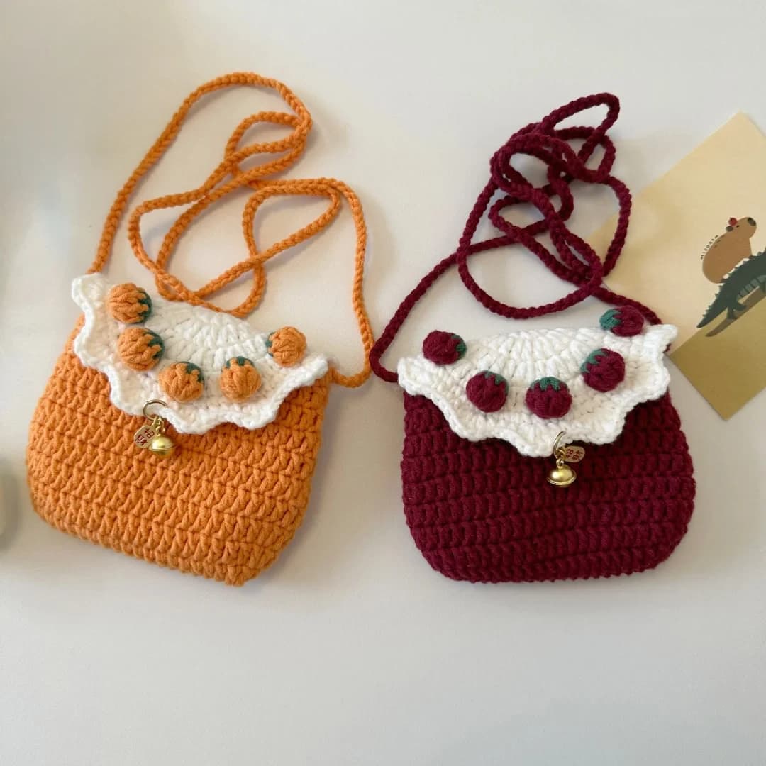Handcrafted Strawberry Bag DIY Kit Winter New Year Gift Passing Time Small Project Crochet Needle Knitting Wool Yarn Material