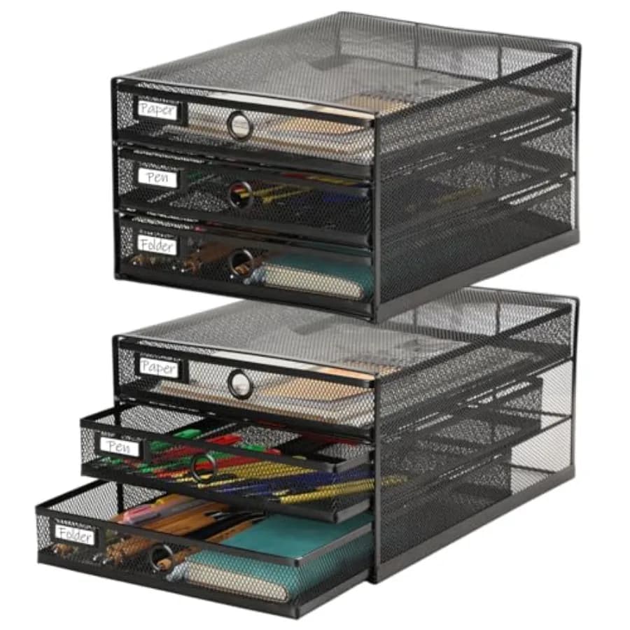Organizer da Scrivania Nero con Cassetto, Vassoio Portaoggetti in Rete Metallica, Portadocumenti Multifunzionale per Casa e Ufficio