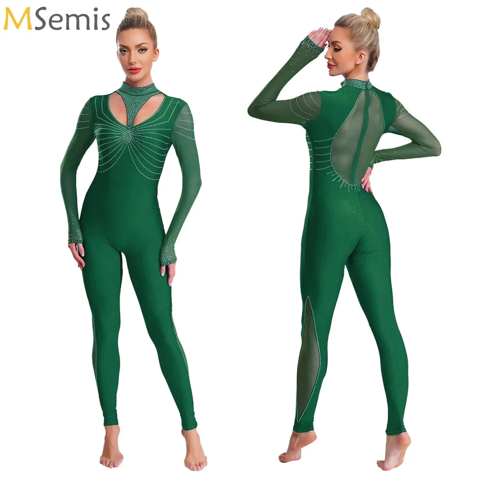 Tuta intera da donna Pagliaccetti da ginnastica Body Strass Patchwork Scava fuori Tuta da pattinaggio di figura Abbigliamento da ballo per balletto