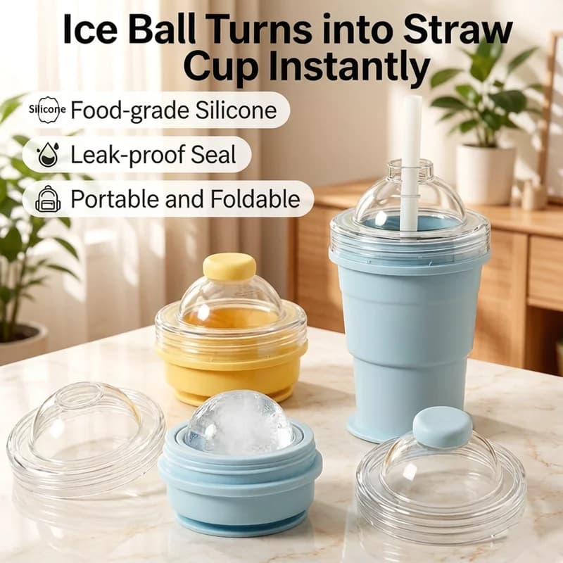 Tazza Portatile Pieghevole in Silicone per Ghiaccio, Stampo Riutilizzabile per Palline di Ghiaccio con Cannuccia, Bicchiere da Viaggio Leggero per Campeggio all'Aperto