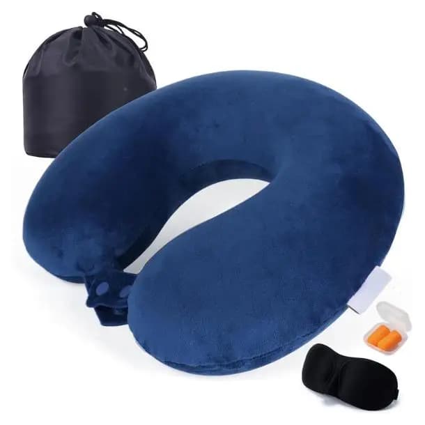 100% Memory Foam Travel Pillow for Airplanes Ergonomic U-Shaped Neck Support Cushion Prevents Head Falling Forward Portable Flight Sleeping Pillow Set with Sleep Mask and Earplugs Car Travel Accessories Navy Blue