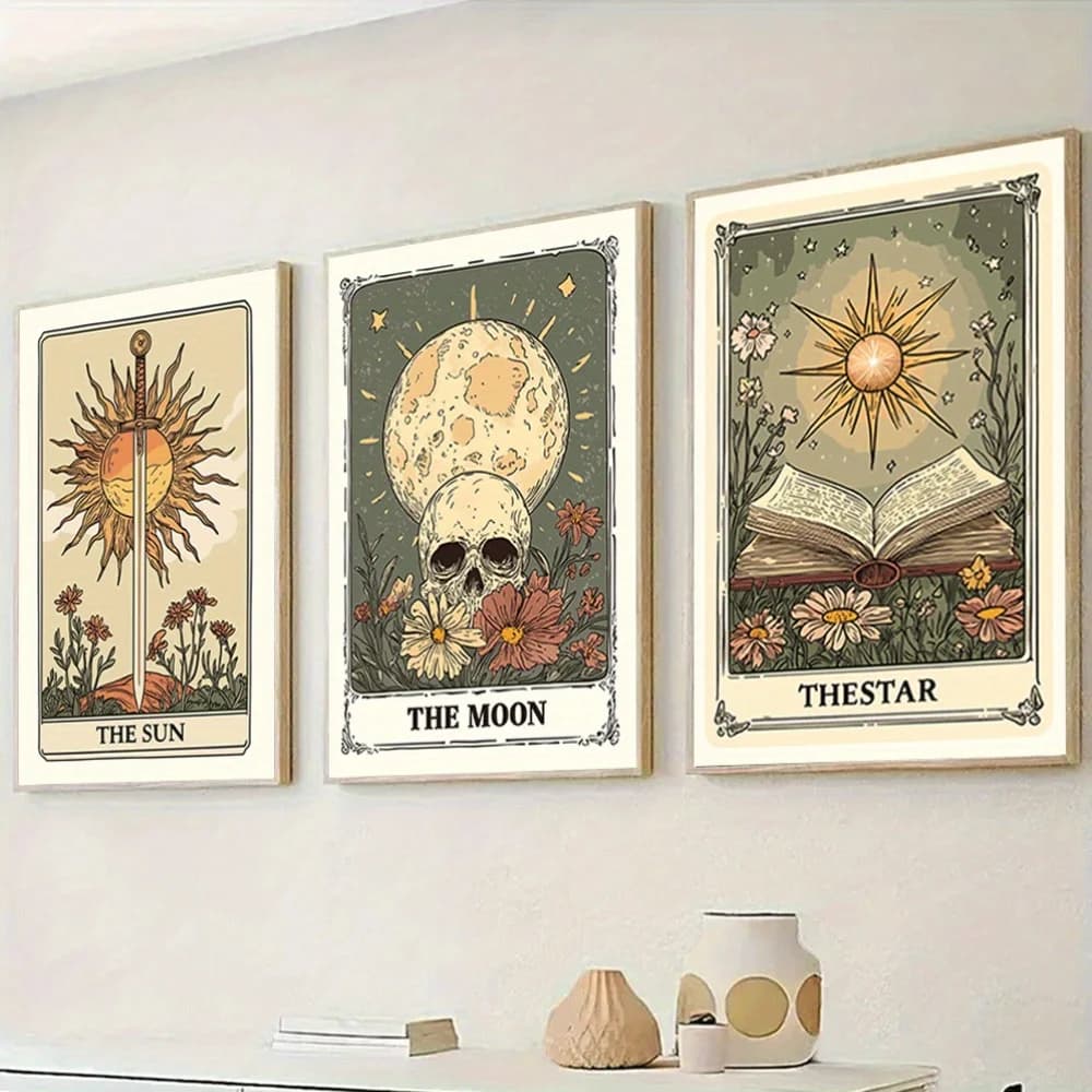 （3PCS NOFrame）-3pcs Set Unframed Canvas Art - Sun, Moon & Star Tarot Cards, 15.7x23.6 Inch, Vibrant Wall Decor for Bedroom, L