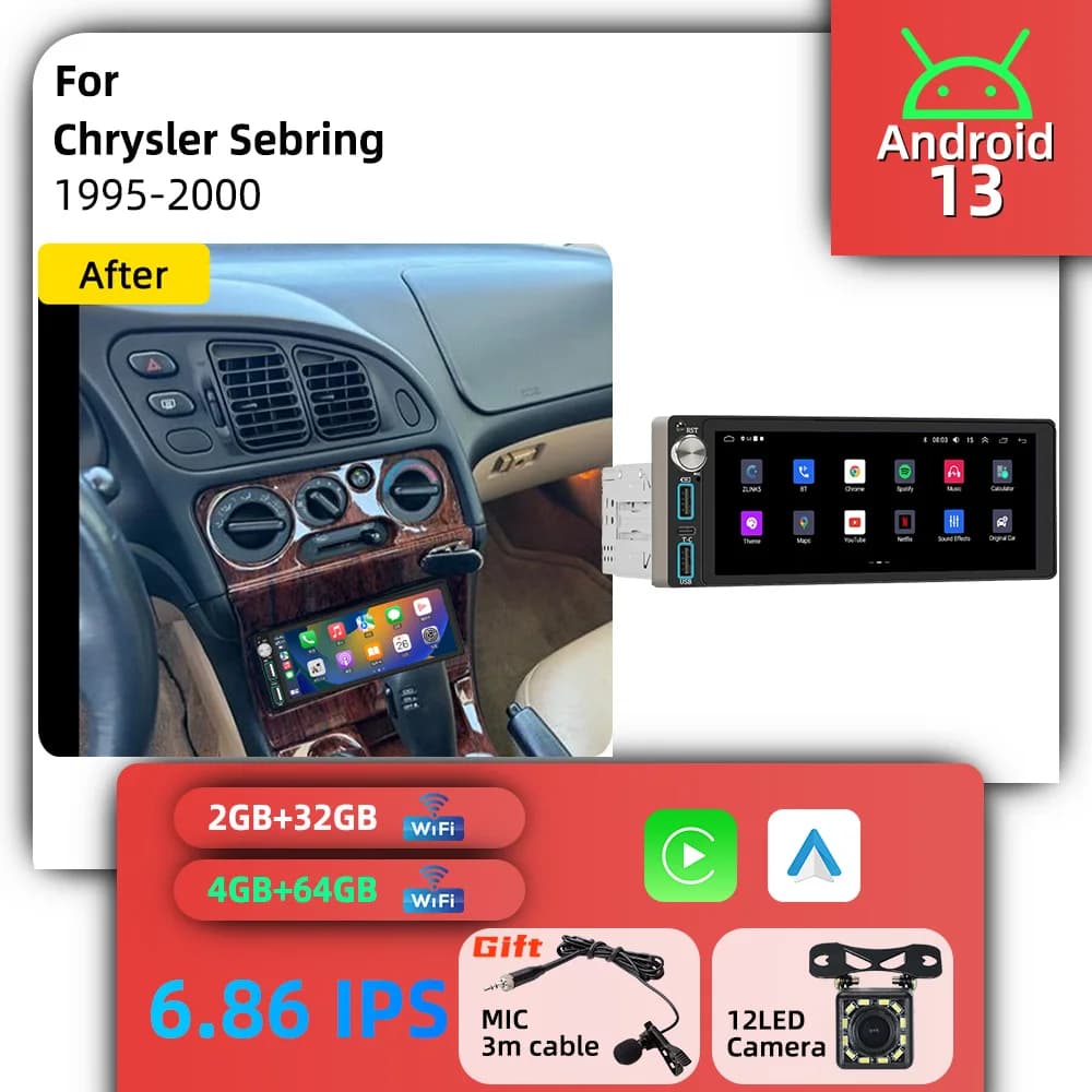 6.86" Stereo 1din Autoradio Android Car Radio for Chrysler Sebring 1995-2000 Head Unit Car Multimedia GPS Carplay Android Auto