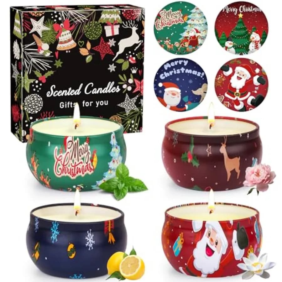 Regali di Natale, Set Regalo di Candele Profumate per Donne, 4 Candele Aromaterapiche per Casa, Profumazione Natalizia, Soia Naturale