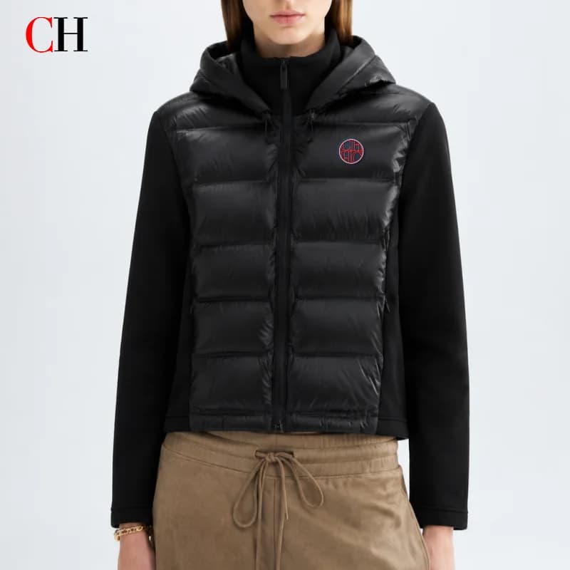 CH Womens Round Sew On Patch Detail Horizontal Quilted Hooded Padded Jacket Full Zipper Casual Daily Wear