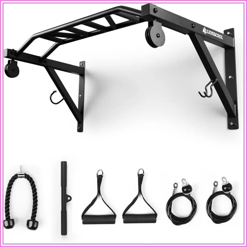 Multifunctional Wall Mounted Pull Up Bar with Pulley System, 48" and 16"/24" Multi-Grip Chin Up Bar, Cable Pulley Attachments Included, Perfect for Upper Body Workouts