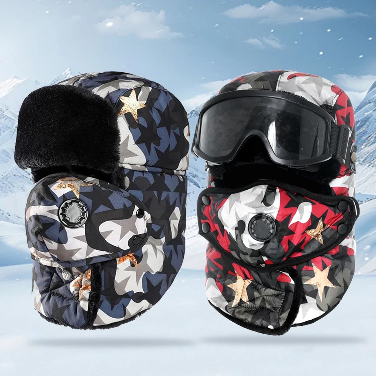 Inverno 4 in 1 Trapper Trooper Cappello Paraorecchie Maschera Camouflage Bomber Cappelli Occhiali antivento Caldo pile Foderato in peluche Berretto da sci