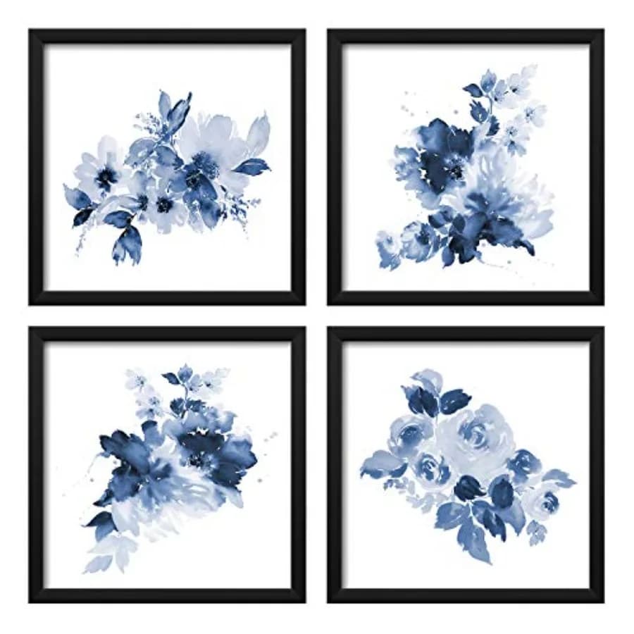 Decorazione da parete per bagno con cornice, arte murale blu navy con cornice nera e stampe floreali ad acquerello, immagini per cucina, camera da letto, decorazioni per la casa