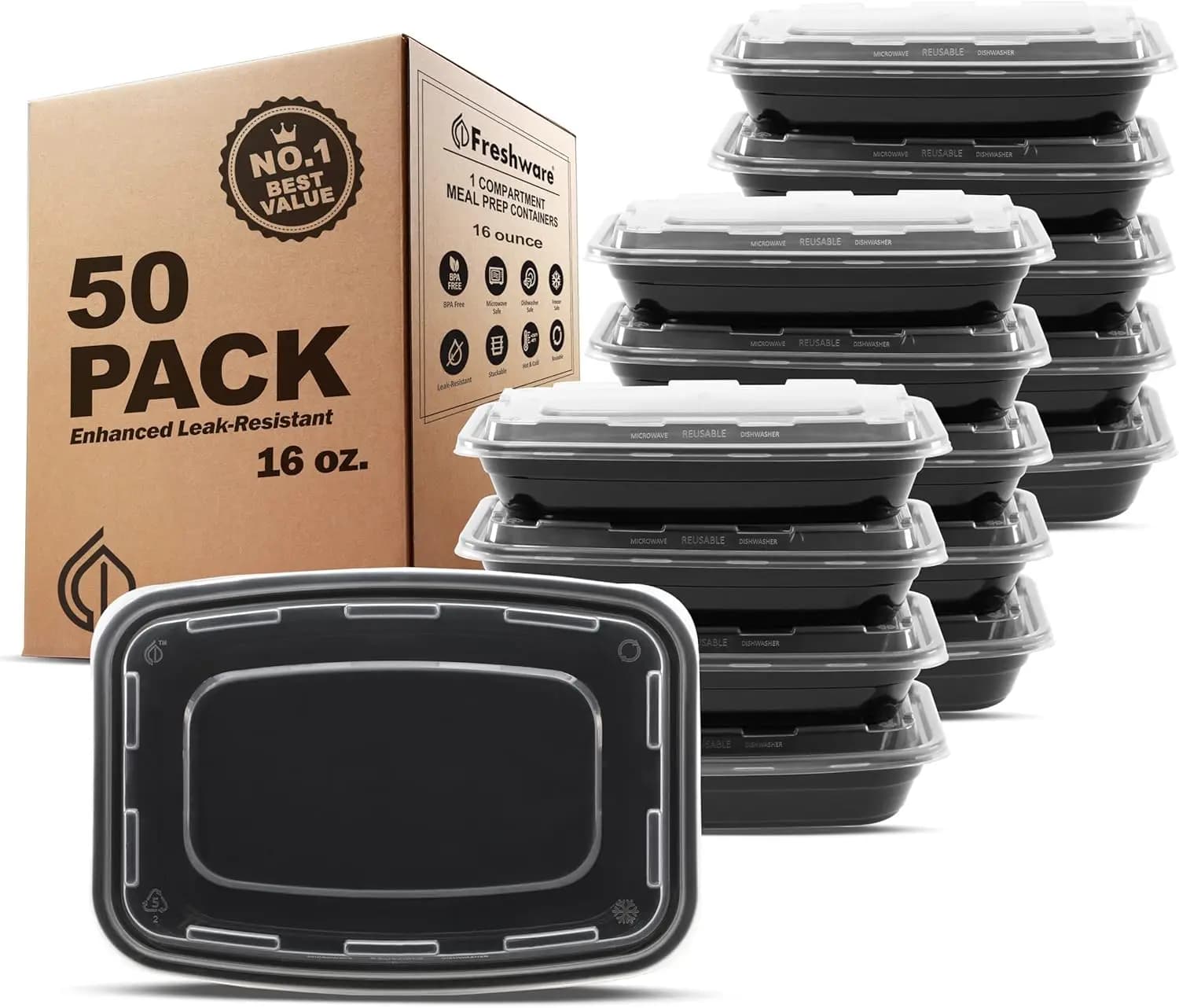 Set di 50 Contenitori per Preparazione Pasti, Senza BPA, Impilabili, con Coperchi, Adatti per Microonde/Lavastoviglie/Congelatore