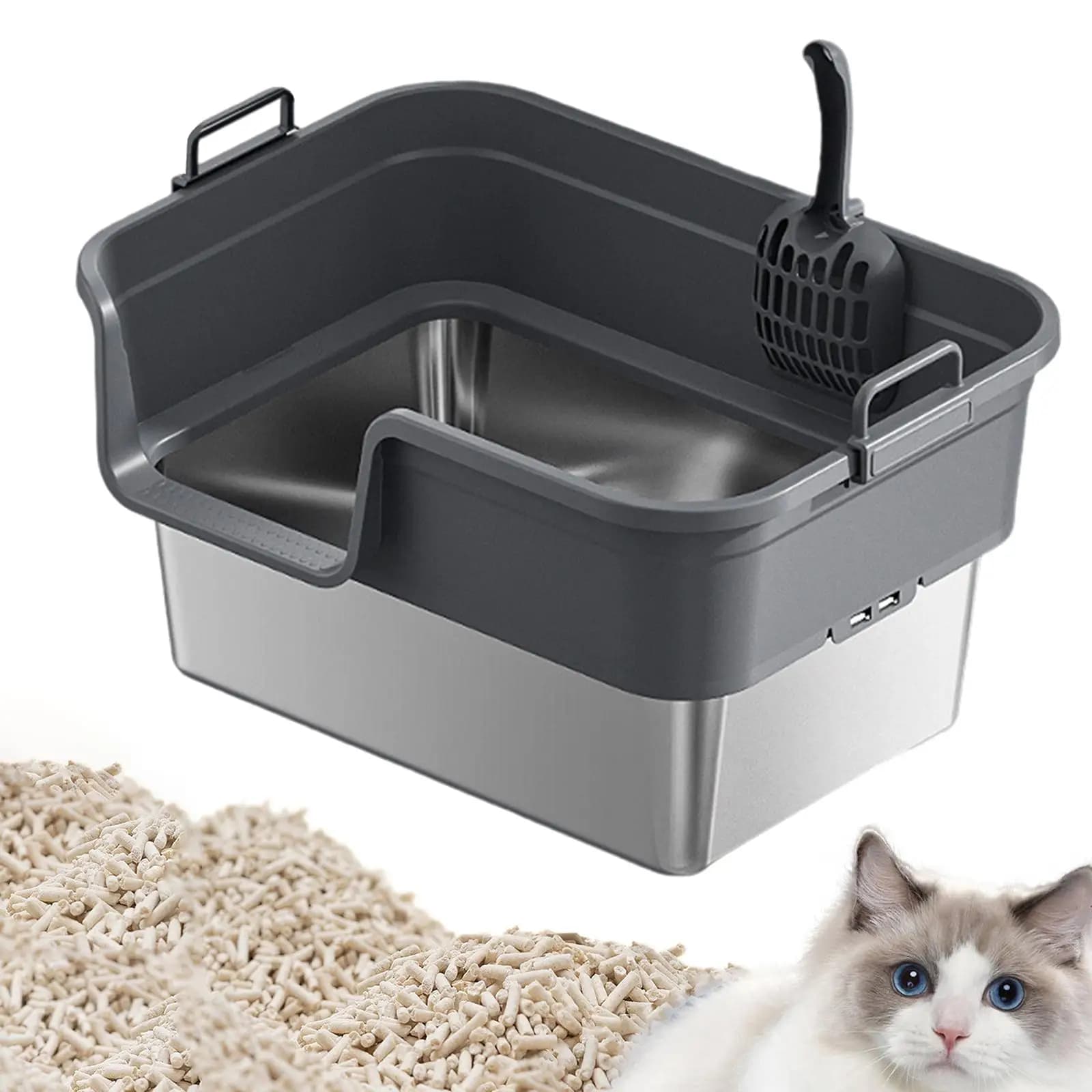 Grande lettiera per gatti antispruzzo, parte superiore aperta su un lato alto aumenta forniture per animali semichiuse in acciaio inossidabile, lettiera per gatti