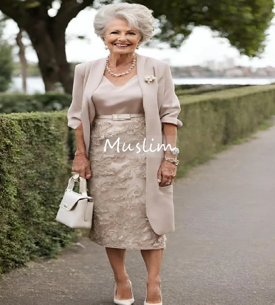 Outdoor Two Pieces Mother Of The Bride Dress With Jacket Tea Length Lace Beach Wedding Guest Mom Birthday Party Wear Customized