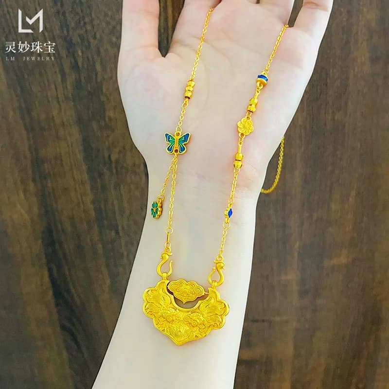 Collana di gioielli di lusso in vero oro 9999 24 carati Collana con borsa con lucchetto Ruyi Xiaoyu catena con clavicola a doppio gancio per inviare un regalo alla fidanzata