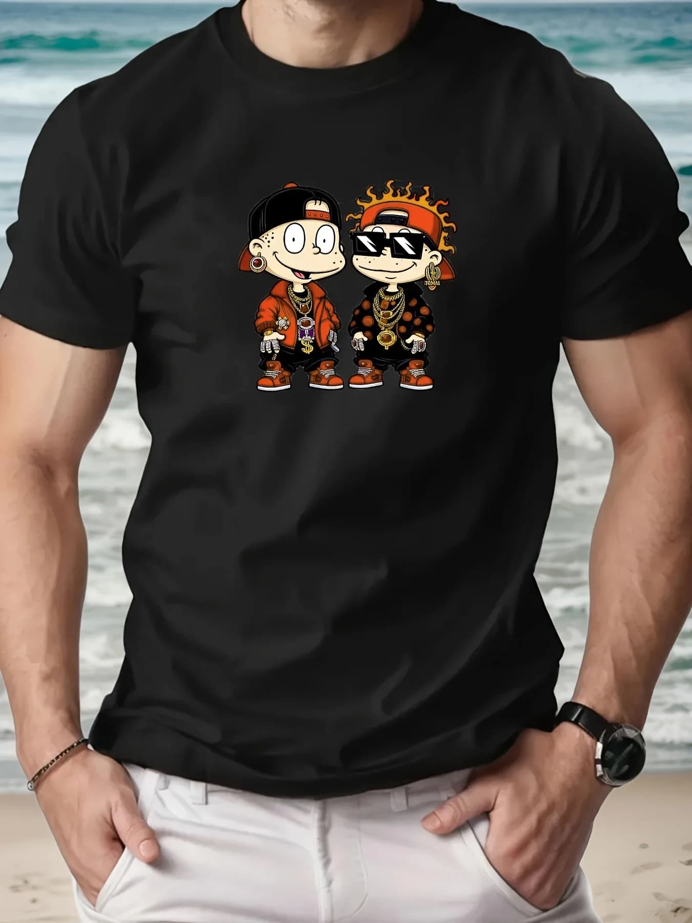 T-shirt estiva casual da uomo a maniche corte blu brillante cartoon anime boy modello girocollo top versione regolare per adulti