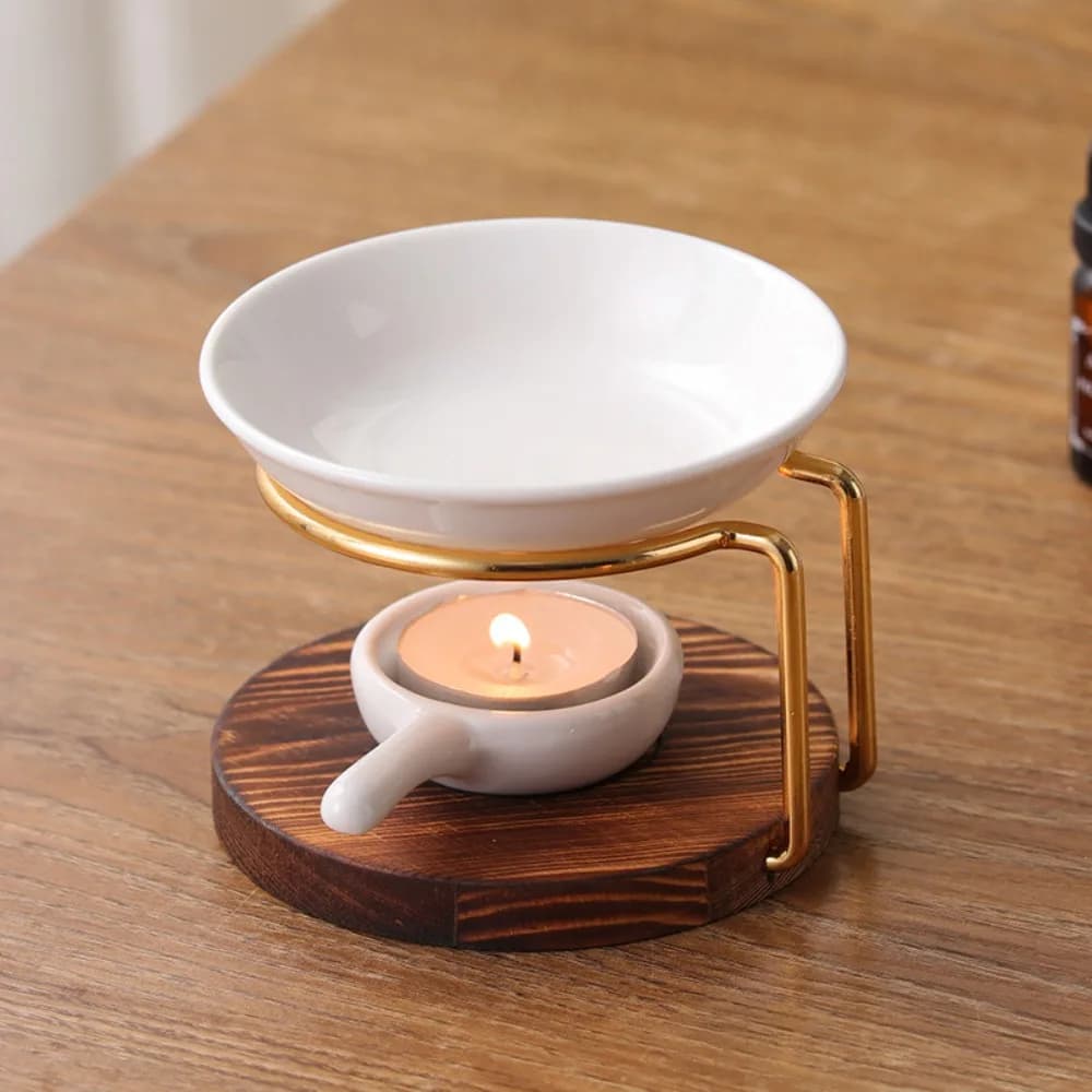 Diffusore di Aromi Multifunzionale con Base in Legno, Bruciatore di Oli Essenziali in Metallo e Ceramica per Uso Domestico