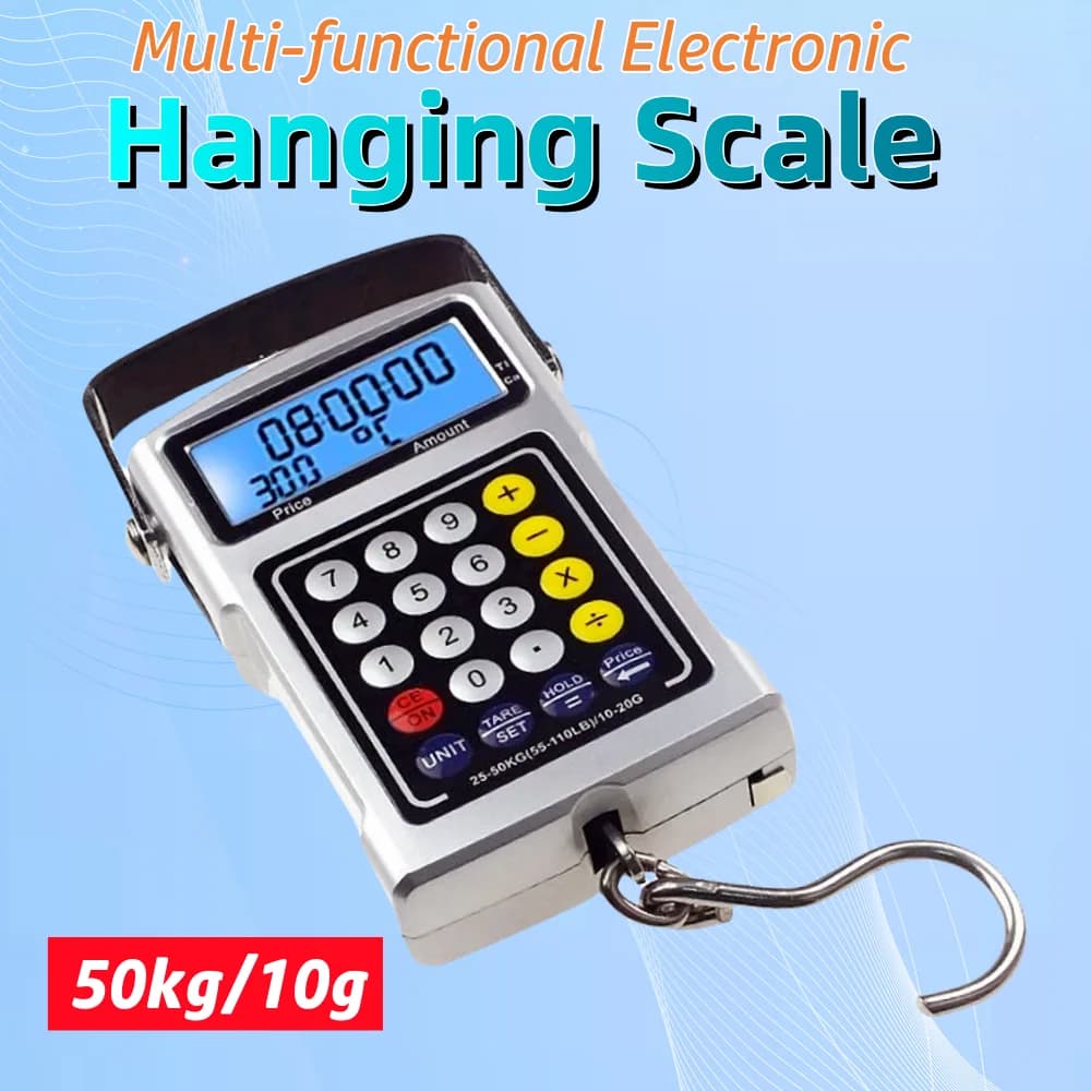 50KG/10G Multifunzionale Bilancia Appesa Shopping Pesca Generi Alimentari Bilancia per Bagagli Calcolatrice Righello Termometro Gancio Prezzi Bilancia