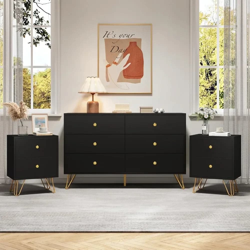 Set di 2 cassettiere e comodini Bestseller6, set moderno di cassettiere nere e oro con maniglie dorate, comodino a 2 cassetti