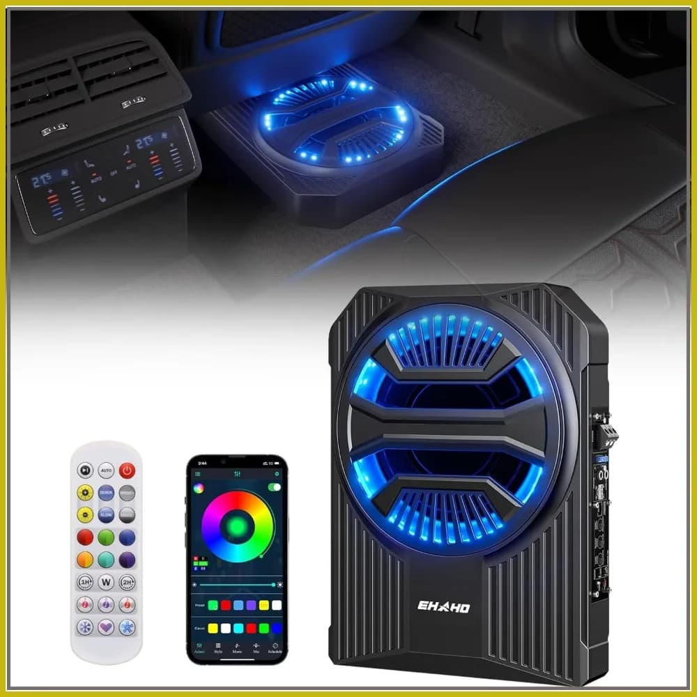 Subwoofer Auto Sottosedile Slim da 10 Pollici 1600W con Amplificatore, Controllo APP/Remoto, Luce RGB e Sincronizzazione Musicale