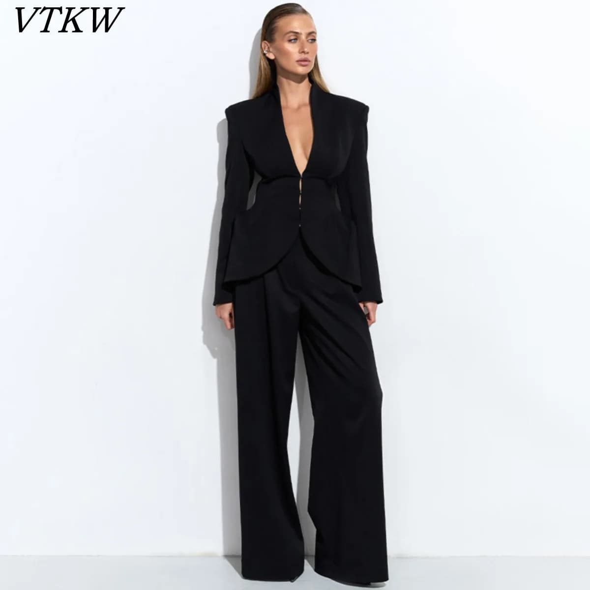 VTKW 2026 Nuovo Completo da Donna 2 Pezzi con Colletto Alto, Scollo a V Profondo, Spalle Imbottite, Peplum in Vita e Pantaloni a Gamba Larga, Outfit Nero