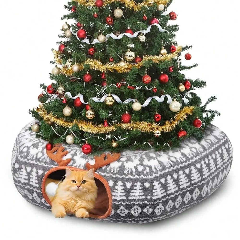 Cuccia a tunnel per gatti, tunnel per gatti, gonna per albero di Natale per gatti da interno, morbida grotta a ciambella in peluche per gatti con tappetino lavabile, giocattolo per animali domestici X